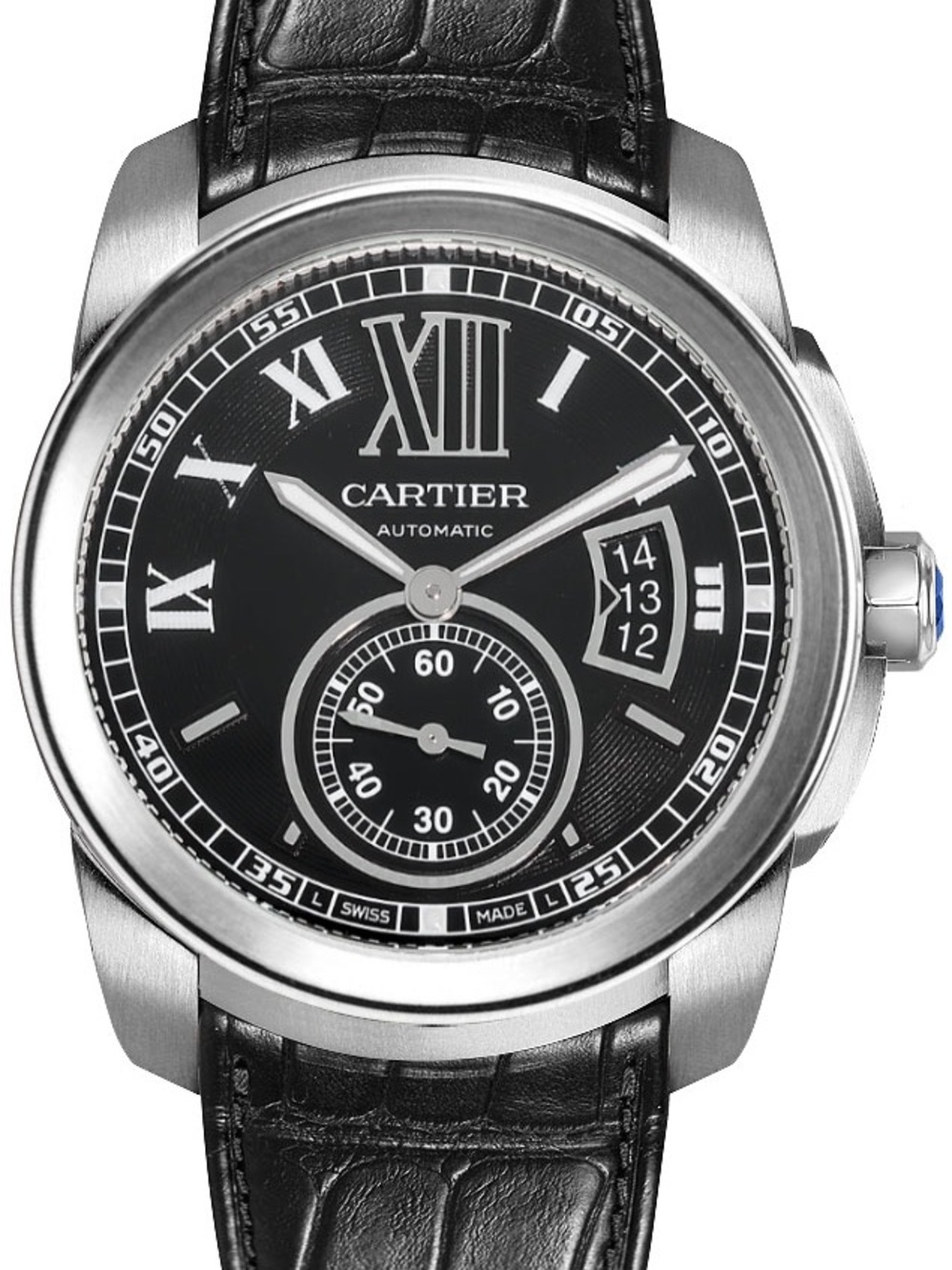 Cartier Black Dial Stainless Steel Men's Watch with Black Leather Strap
